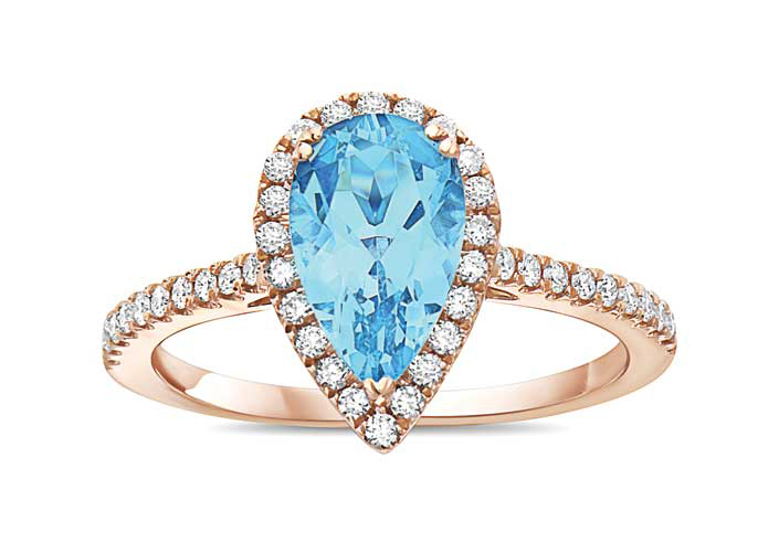 Rose gold ring by Makur, featuring a blue aquamarine centre stone. Photo courtesy Makur