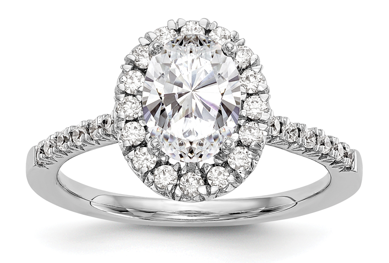 An oval halo ring, made with a lab-grown diamond. Photo courtesy Barthou Jewellers