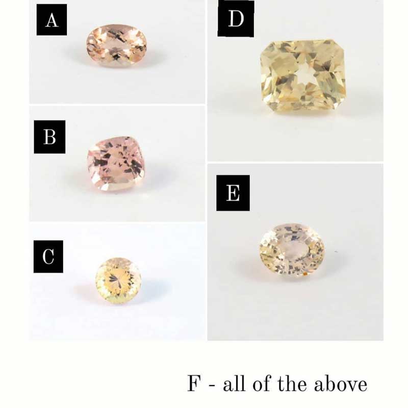 Figure 1: In a survey of up to 3000 respondents, 63 per cent identified gemstone ‘A’ (a morganite) as most closely matching the colour peach. Gemstone ‘B’ (sapphire) received 22.5 per cent of the votes, while 12.5 per cent said both stones best described the colour equally.