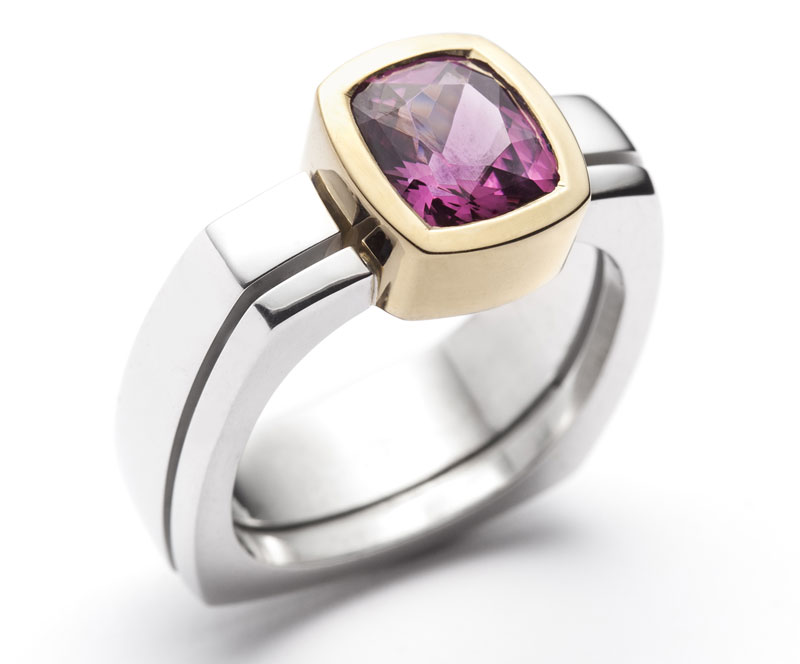 Figure 3: Bezel-set rhodolite garnet ring by Christine Dwane. Photo by Anthony McLean