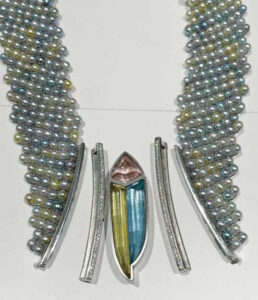 Dreamweaver’s pearls were handwoven by Strelau using a diagonal peyote stitch.