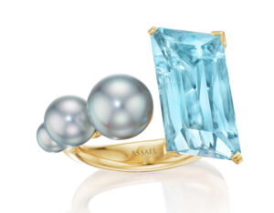 18-karat gold blue akoya pearl and aquamarine ring from the Assael ‘Colors’ collection.