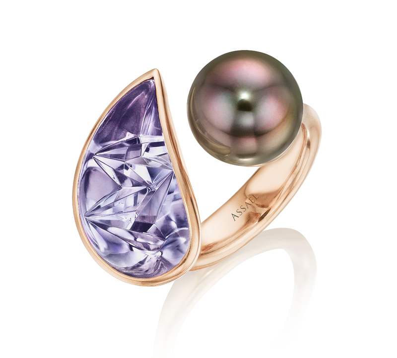 6.2-carat paisley amethyst and natural colour Tahitian pearl ring from the Assael ‘Colors’ collection.