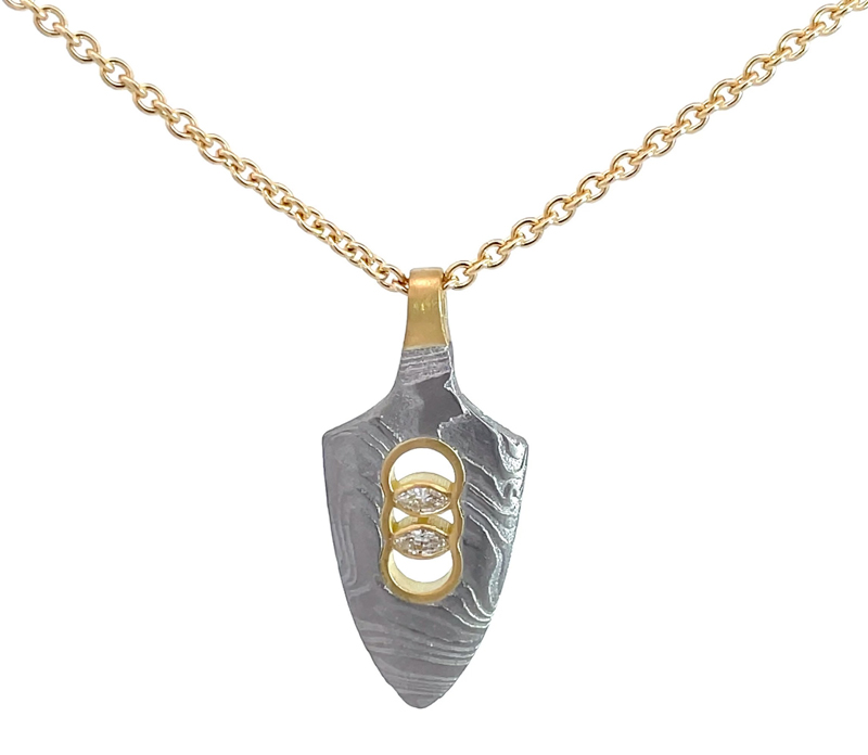 Hand-forged Damascus steel Yanone (Japanese arrowhead) pendant by Chris Ploof Designs, featuring 18-karat gold and diamonds. Pictured on an 18-karat gold chain. MSRP US$2,550 (US$1,475 without chain)