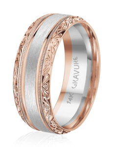 8-mm (0.3-in.) comfort-fit diamond-cut band in 10-karat white and rose gold from Atlantic Engraving/Gravure Commitment’s ‘Iconic’ collection. MSRP $1,440