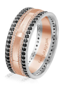 8-mm (0.3-in.) comfort-fit ring in 10-karat white and rose gold from Atlantic Engraving/Gravure Commitment’s ‘Mia G’ collection, featuring 98 black diamonds (1.25 ctw).  MSRP $3,020