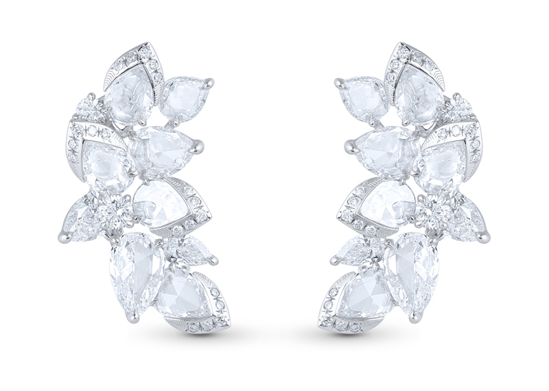 ‘Cascade’ diamond climber earrings by Harakh, featuring 2.6 carats of colourless pear, rose-cut pear, and rose-cut marquise diamonds. MSRP US $14,800