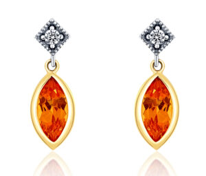 14-karat gold earrings by Paragon Fine Jewellery, featuring marquise-cut Mandarin garnets (2.55 ctw), accented with diamonds (0.11 ctw) in white gold with millegrain detail.  MSRP $2,700