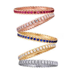 Xpandable ‘Bullet’ bracelets by Picchiotti in 18-karat yellow, rose, or white gold with round diamonds, sapphires, or rubies. MSRP US$42,000 to $60,000