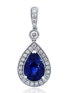 18-karat white gold pendant from Paragon Fine Jewellery, featuring a 2.16-carat pear-shaped royal blue sapphire and diamonds (0.24 ctw). MSRP $9,990