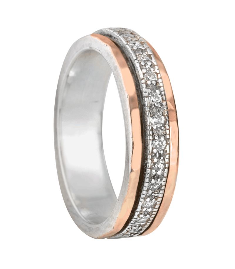 Rose gold and sterling silver ‘Wonder’ ring by MeditationRings, featuring a cubic zirconia (CZ) spinning band. MSRP $349