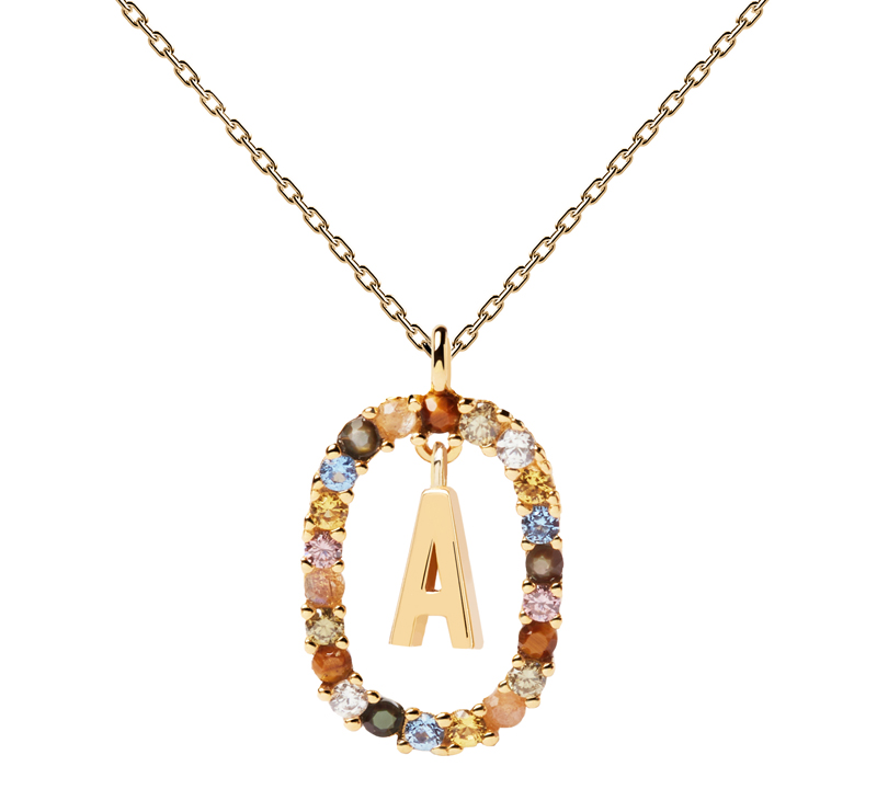 18-karat gold-plated sterling silver letter necklace by Pdpaola, featuring Labradorite, tiger eye, mother of pearl, and crystals. MSRP $115