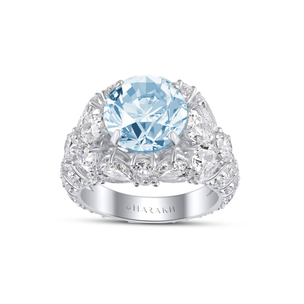 18-karat white gold ‘Peacock’ engagement ring by Harakh, featuring a 5.06-carat aquamarine centre stone, surrounded by colourless pear and round diamonds (6.85 ctw). MSRP US$48,500