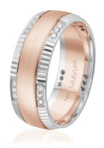 8-mm (0.3-in.) comfort fit diamond-cut band in 10-karat white and rose gold from Atlantic Engraving/Gravure Commitment’s ‘Mia G’ collection, set with 30 0.01-carat diamonds.  MSRP $2,180