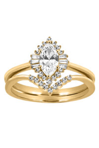 14-karat yellow gold ring by Paris Jewellers, featuring a marquise-cut diamond centre stone, accompanied by round brilliant and baguette diamonds.  MSRP $5,099