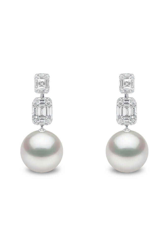 18-karat white gold earrings by Yoko London, featuring South Sea pearls and 0.90 carats of diamonds. MSRP $5,700