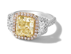 Platinum-set Le Vian ‘Couture’ ring with 18-karat two-tone gold, featuring a 2.33-carat light yellow diamond centre stone, accented by Vanilla and Strawberry diamonds.  MSRP US$55,298