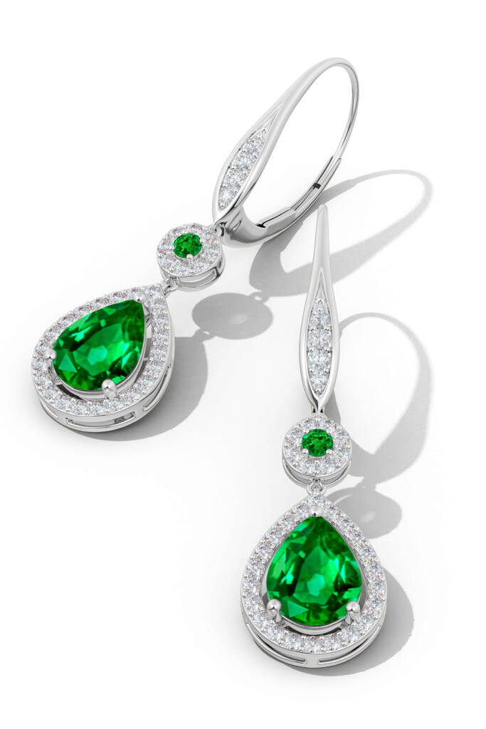 14-karat white gold ‘Halo Leverback’ earrings by Angara with round and pear green emeralds (1.65 ctw) and diamonds. MSRP $5,780