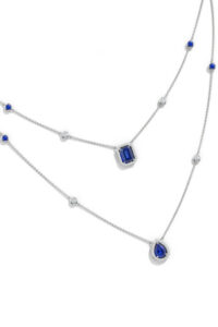 14-karat white gold ‘Layered Station’ necklace by Angara with pear- and emerald-cut sapphires (2.98 ctw). MSRP $7,059