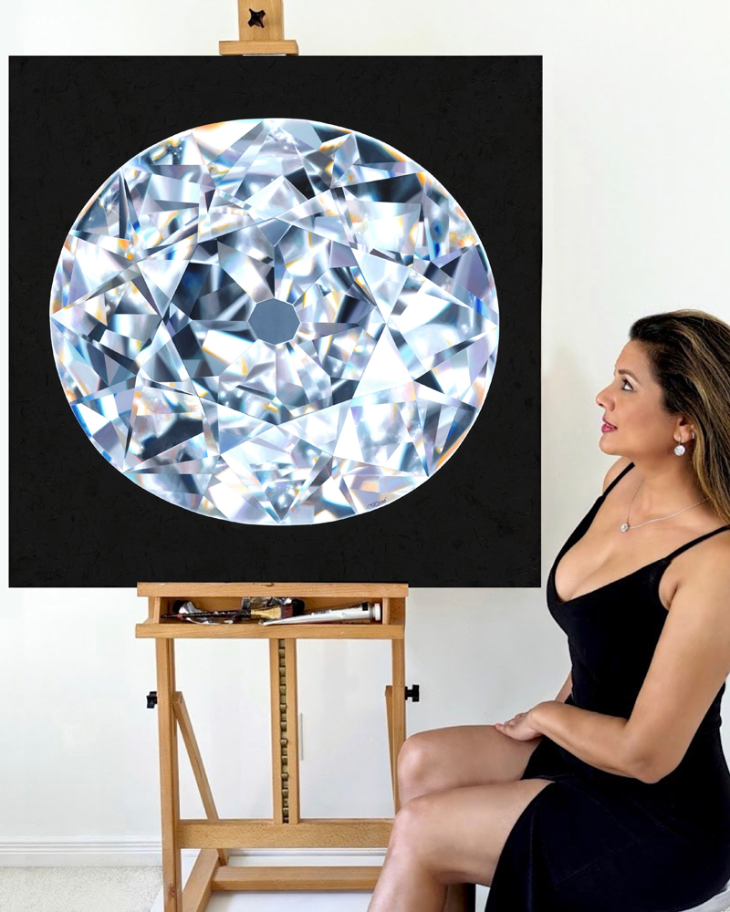 Artist Reena Ahluwalia with her painting, the Koh-i-Noor Diamond. Photo courtesy Reena Ahluwalia