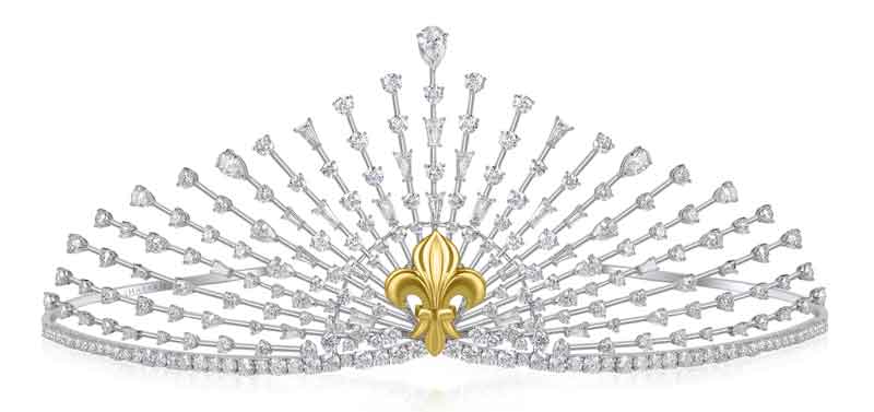 29.92-carat diamond tiara with gold fleur-de-lis in the centre, custom-made by Harakh for HRH Princess Louise d’Orléans. The piece features an array of brilliant, custom-cut colourless diamond baguettes and drop-shaped diamonds, designed to resemble the wings of a peacock.