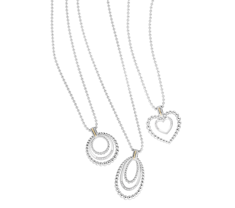 ‘Popcorn Glamour’ sterling silver pendants from Phillip Gavriel’s 2023 collection, featuring 18-karat gold and diamonds (each pendant has 0.055 ctw). Available in drop, circle, and heart styles on a bead chain. MSRP US$285 each