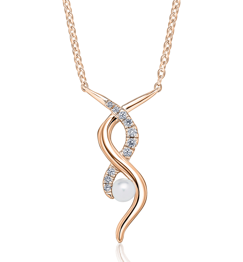 14-karat rose gold twist necklace by Kirk Kara, featuring pearl and diamond (0.05 ctw). Available with laboratory-grown or mined diamonds.