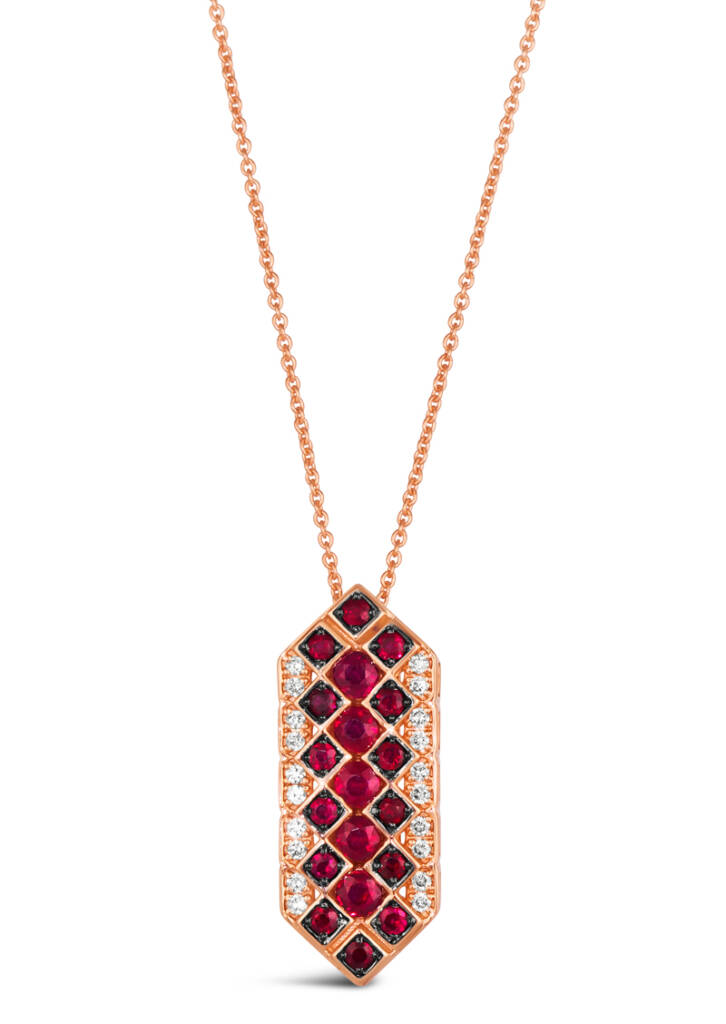 14-karat Strawberry Gold pendant from Le Vian’s ‘Venetian Tiles’ collection, featuring Passion Ruby and Nude Diamonds. MSRP US$3,148