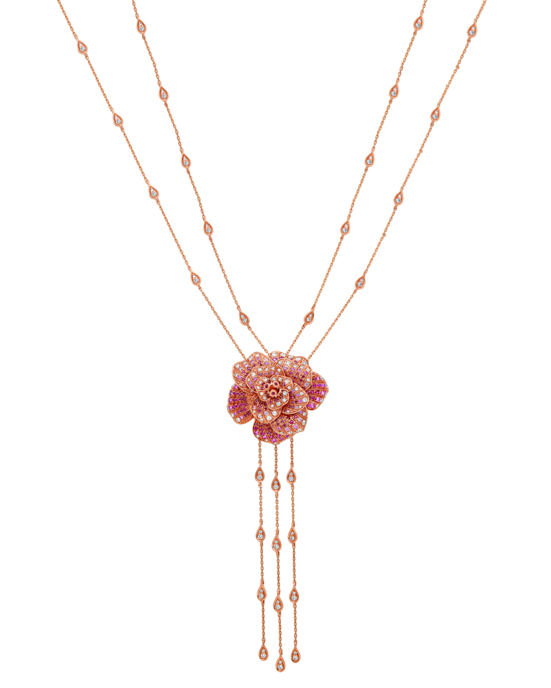 Two-chain necklace from the ‘Blossom Flower’ collection by Shwenit Jewels with diamonds (2.1 ctw) and rubies (2.8 ctw). MSRP US$3,730