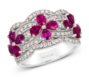 ‘Couture’ anniversary ring by Le Vian, featuring Passion Rubies (2.0 ctw) and Vanilla Diamonds (0.5 ctw), set in platinum. MSRP US$8,948