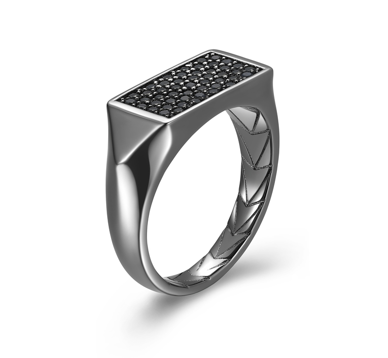 Gunmetal-plated sterling silver ring, detailed with pavé-set black sapphire stones and black-oil chevron-accented inner band. Featured in Ethos Men’s ‘Jewellery Black Ice Collection,’ courtesy Prime Art & Jewel (PAJ). MSRP $220