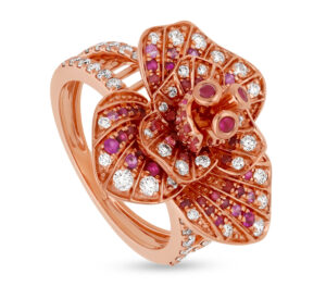 14-karat rose gold ring from the ‘Blossom Flower’ collection by Shwenit Jewels, featuring diamonds (0.606 ctw) and rubies (0.724 ctw).  MSRP US$910