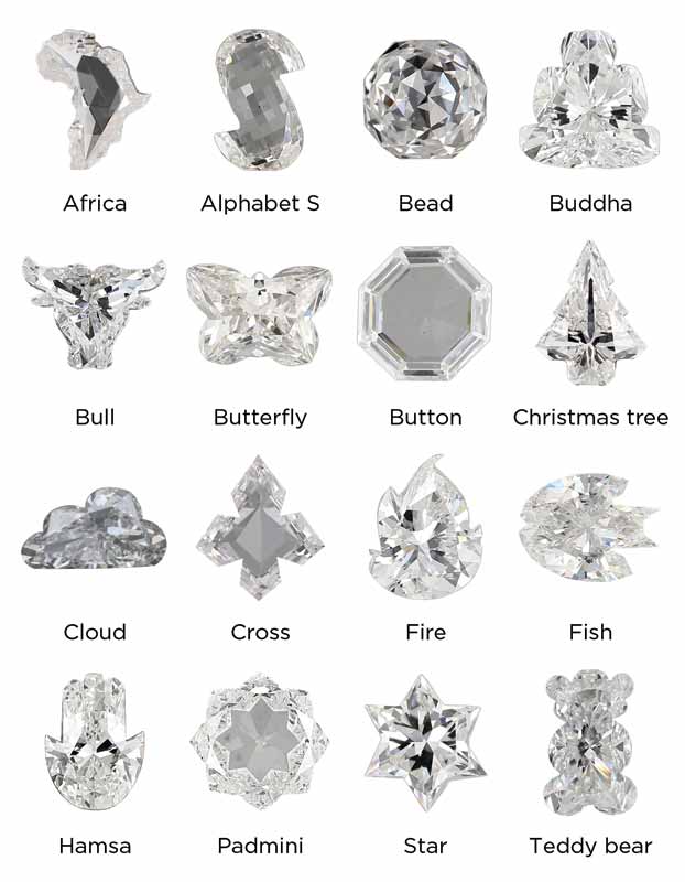 Figure 3: These fancy shaped diamonds, created using chemical vapour deposition (CVD), are a fun and interesting testament to the creativity of cutting. (Note that, due to the shallow nature of CVD growing techniques, most of these shapes are shallow cuts.) Photos courtesy Star Blue Diamonds