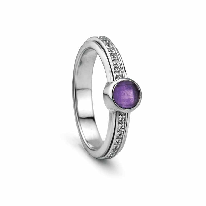 Sterling silver ‘Calm’ ring by MeditationRing with cubic zirconia (CZ) spinning band and amethyst stone. MSRP $219