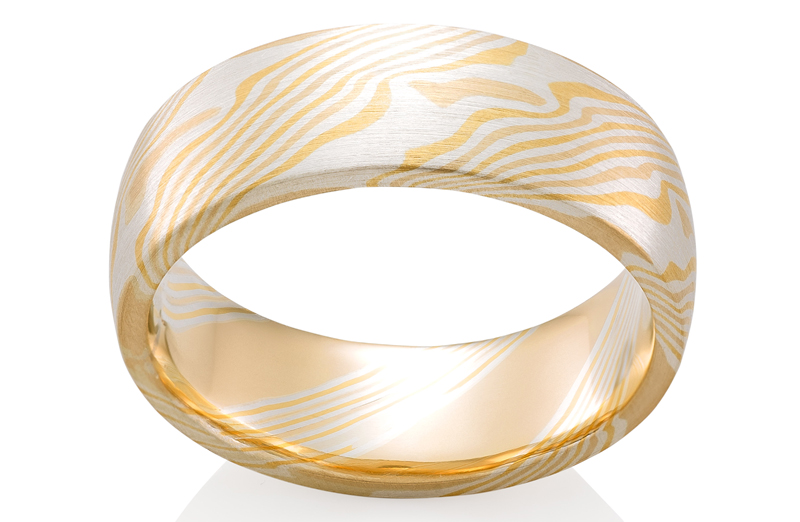 Chris Ploof ‘Birch’ mokume-gane band in 18-karat gold and 14-karat rose gold.