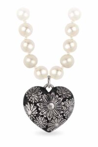 Handcrafted freshwater pearl necklace by Pyrrha, featuring a sterling silver daisy puffed heart talisman. MSRP $525 (18-in. chain)