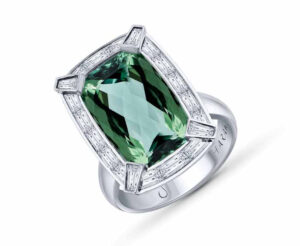 18-karat white gold ring by Harakh with colourless diamonds (1.75 ctw) and a 14.01-carat green tourmaline centre stone. MSRP US$39,000