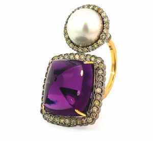 Art deco 14-karat gold and silver ring by Sitara Jewels with sugarloaf amethyst, mabe pearl, and hand-set natural diamonds. MSRP $1,500