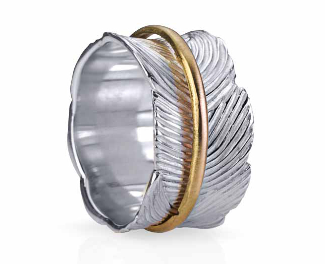 Leaf-patterned sterling silver ‘Eden’ ring by MeditationRing, featuring solid yellow gold spinning band. MSRP $389