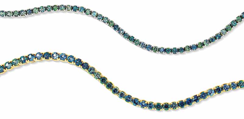 Montana blue-green sapphire tennis bracelets by Paragon Fine Jewellery. Available in 14-karat white gold with 7.36 carats and 14-karat yellow gold with 12.37 carats. MSRP $7,640 (white gold) and $10,600 (yellow gold)