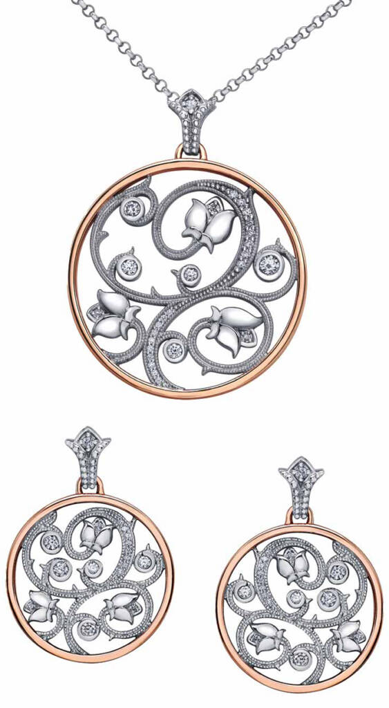 ‘Enchanted Garden’ pendant and matching earrings from the Maple Leaf Diamonds ‘Seasons’ collection by Shelly Purdy, featuring Canadian diamonds set in 14-karat rose and white gold. MSRP $$4,499 (pendant) and $2,999 (earrings)