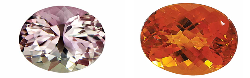 Left: A well-cut bi-colour tourmaline from Congo. There are no dead zones or windows, and the cut is symmetrical. Right: On the market, this citrine would be considered to have a good cut. Depending on the angle, the small window disappears.