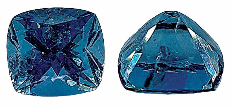 1.90-carat Mozambique spinel that has been cut too deep. An X-shaped “dead zone” is apparent.